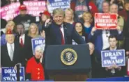  ?? THE ASSOCIATED PRESS ?? President Donald Trump reacts to the crowd while speaking at a campaign rally for Republican Rick Saccone in a hangar Saturday in Moon Township, Pa.