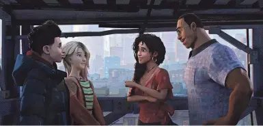  ?? PHOTOS PROVIDED SONY PICTURES ANIMATION ?? Miles Morales (voiced by Shameik Moore, from left) reunites with Gwen Stacy (Hailee Steinfeld) and introduces her to his parents (Luna Lauren Vélez and Brian Tyree Henry) in the animated superhero sequel “Spider-Man: Across the Spider-Verse.”