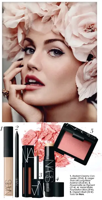  ??  ?? 1. Radiant Creamy Concealer (29 ). 2. Larger � Than Life Long-Wear Eyeliner (25,65 ). 3. � Powermatte Lip Pigment
(27 ). 4. Velvet Matte � Foundation Stick (39 ). �
5. Orgasm Blush (32 ). �
Todo de Nars.