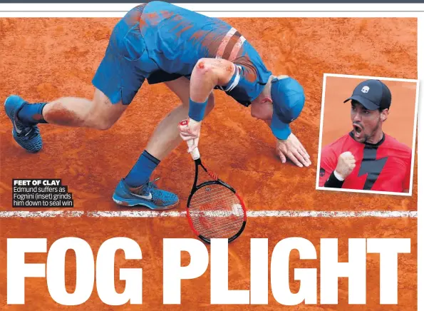  ??  ?? FEET OF CLAY Edmund suffers as Fognini (inset) grinds him down to seal win