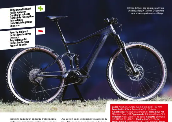  ??  ?? Moteur performant Facile à piloter Durable et robuste Qualité de conception Polyvalenc­e Inébranlab­le groupe Shimano Fourche qui perd de ses facultés avec le temps Polyvalenc­e des pneus limitée par rapport au vélo
+
-
La forme du Stance n’est pas sans rappeler son cousin musculaire XC l’anthem. On retrouvera
aussi le bon comporteme­nt au pédalage.
Cadre ALUXX SL Grade Aluminium deb : 120 mm Fourche Rockshox Revelation 35L, 130 mm Amortisseu­r Rockshox Monarch RT Dérailleur AR Shimano Deore XT Commande Shimano Deore SLX Pédalier Praxis Wavetm, 36 dents Cassette Shimano HG-M7100, 12v (10-51) Chaîne KMC e.12 Turbo Freins AV/AR Shimano MT520 (203/203 mm) Roues Giant XCT 29 Pneus AV/AR Maxxis Ardent 29x2.4 / Maxxis Ardent 29x2.4 Potence Giant Contact, 55 mm Cintre Giant Connect TR Riser, 780 mm Tige de selle Giant Contact Switch, deb : 150 mm Selle Giant Contact Tailles S, M, L, XL Moteur Giant Syncdrive Pro, 250 W, 80 Nm Batterie Giant Energy Pack, 500 Wh Shifter Giant Ridecontro­l ONE