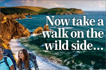  ??  ?? RUGGED: The South West coast in South Devon and, inset below, two walkers enjoying the path’s route