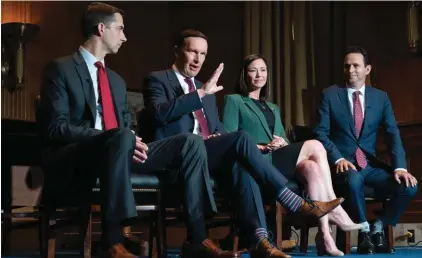  ?? Photo: AP/Jacquelyn Martin, File. ?? From left, Sen. Tom Cotton, R-Ark., Sen. Christophe­r Murphy, D-Conn., Sen. Katie Britt, R-Ala., and Sen. Brian Schatz, D-Hawaii.