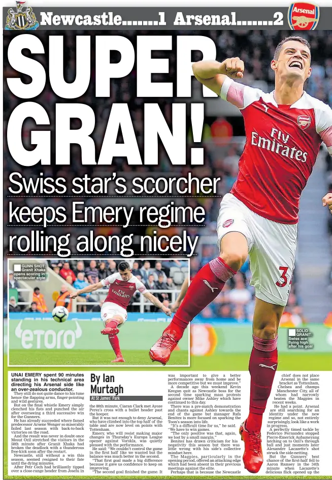  ??  ?? ■GUNN SHOT: Granit Xhaka opens scoring in spectacula­r style ■SOLID GRANIT: Swiss ace flying high after his goal
