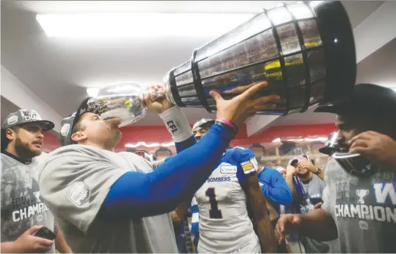  ?? NATHAN DENETTE/THE CANADIAN PRESS ?? Naysayers are likely to stop trying to convince quarterbac­k Zach Collaros to retire after tasting Grey Cup success with the Winnipeg Blue Bombers.