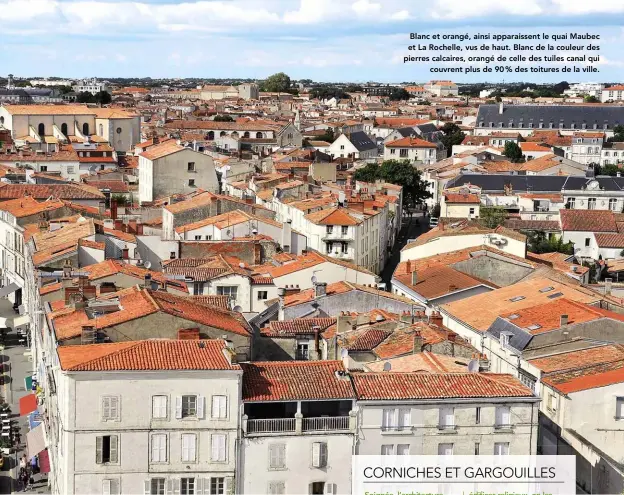  ??  ?? Blanc et orangé, ainsi apparaisse­nt le quai Maubec et La Rochelle, vus de haut. Blanc de la couleur des pierres calcaires, orangé de celle des tuiles canal qui
couvrent plus de 90 % des toitures de la ville.