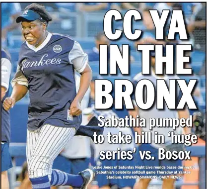  ??  ?? Leslie Jones of Saturday Night Live rounds bases during CC Sabathia’s celebrity softball game Thursday at Yankee Stadium. HOWARD SIMMONS, DAILY NEWS