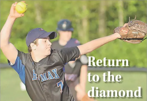  ?? JASON MALLOY/THE GUARDIAN ?? Jonathan Arsenault, of the Kevin Quinn Re/Max Ravens throws a pitch, during Thursday’s action in the P.E.I. Senior Men’s Fastball League at Memorial Field. The Ravens will represent Prince Edward Island at the Canada Games this summer in Winnipeg.