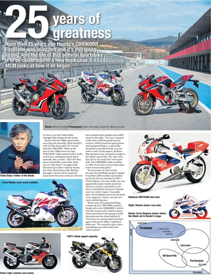  ?? Words: Bertie Simmonds Photograph­y: Bertie Simmonds, Honda UK, Mortons Archive ?? Tadao Baba: Father of the Blade. Early Blades were much modded. Urban Tiger scheme was iconic. 1997’s Blade upped capacity. Mythical CBR750RR did exist. Right: Sketch shows racy look.
Below: Early diagram shows where the Blade sat in Honda’s range.