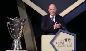  ?? Hamad I Mohammed/Reuters ?? Gianni Infantino at the Asian Football Conference congress in Bahrain on Wednesday, where hosting rights for the 2027 Asian Cup were awarded to Saudi Arabia. Photograph: