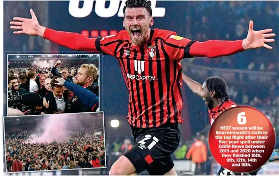  ?? REX ?? Party time: Bournemout­h super-sub Kieffer Moore celebrates his crucial goal while (inset) the celebratio­ns begin