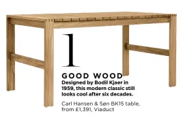  ?? ?? 1 GOOD WOOD
Designed by Bodil Kjaer in 1959, this modern classic still looks cool after six decades. Carl Hansen & Søn BK15 table, from £1,391, Viaduct