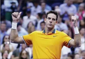  ?? SETH WENIG — THE ASSOCIATED PRESS ?? Juan Martin del Potro, of Argentina, reacts after Rafael Nadal, of Spain, retired from a match during the semifinals of the U.S. Open tennis tournament, Friday in New York.