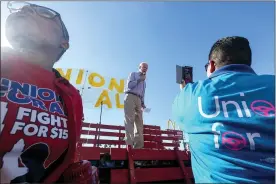  ?? RINGO H.W. CHIU-ASSOCIATED PRESS ?? In this Dec. 19, 2019, file photo Democratic presidenti­al candidate former Vice President Joe Biden, speaks at a rally in support of McDonald’s cooks and cashiers who are demanding higher wages and union rights, outside a McDonald’s restaurant in Los Angeles.