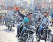  ??  ?? Members of the Rajput Yuva Morcha during a bike rally against the release of film Padmaavat, in Panchkula on Sunday. SANT ARORA/HT