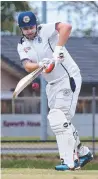  ??  ?? Broadbeach batsman Ryan Armstrong works one away on the legside against Surfers, and (below) teammate Jamie Weston fends off a shorter delivery in the same match.