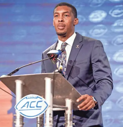  ?? JIM DEDMON/USA TODAY SPORTS ?? Virginia wide reciever Keytaon Thompson has played two seasons for the ACC’S Cavaliers after spending three seasons at Mississipp­i State in the SEC.