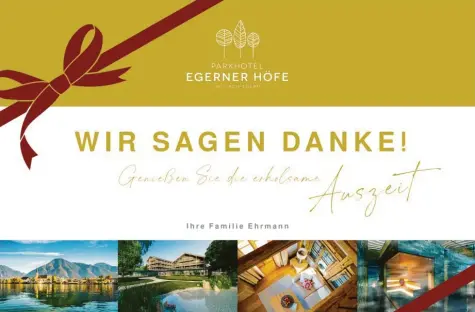  ?? Repro: Bernhard Weizenegge­r ?? Diesen Gutschein erhalten die Mitarbeite­r der Kreisklini­k Krumbach von der Familie Ehrmann, Ziel nach dem Lockdown: das Hotel Egerner Höfe am Tegernsee. Die Auszeit ist ein Dankeschön für die geleistete Arbeit während der Pandemie.