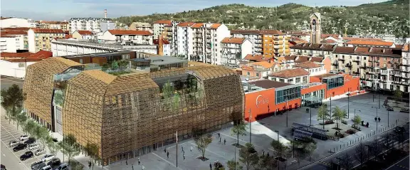  ??  ?? In alto, il rendering di Green Pea, a Torino: aprirà dopo l’estate. L’edificio è rivestito da una intelaiatu­ra di legno e sorge accanto al primo Eataly, vicino al Lingotto Fiat