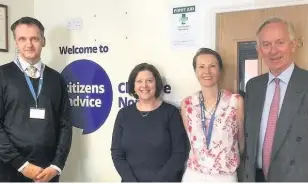  ??  ?? Will McKellar (Citizens Advice), Angela Richardson and David Briggs (both of Cheshire Community Foundation) and Liz Heathcote (Citizens Advice) at the Citizens Advice Cheshire North centre