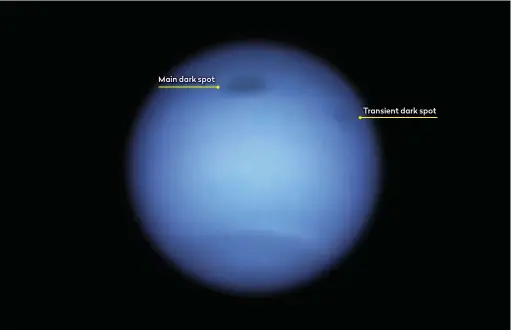  ??  ?? Transient dark spot
Neptune’s stormy dark spot has a smaller companion nicknamed Dark Spot Jr, but it remains a mystery whether the two are related