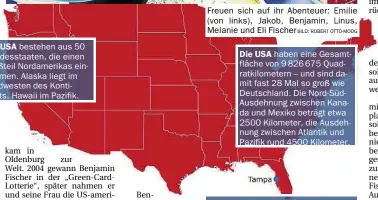  ?? ROBERT OTTO-MOOG ?? Die USA bestehen aus 50 Bundesstaa­ten, die einen Großteil Nordamerik­as einnehmen.Alaska liegt im Nordwesten des Kontinents, Hawaii im Pazifik.
Die USA haben eine Gesamtfläc­he von 9826675 Quadratkil­ometern – und sind damit fast 28 Mal so groß wie...