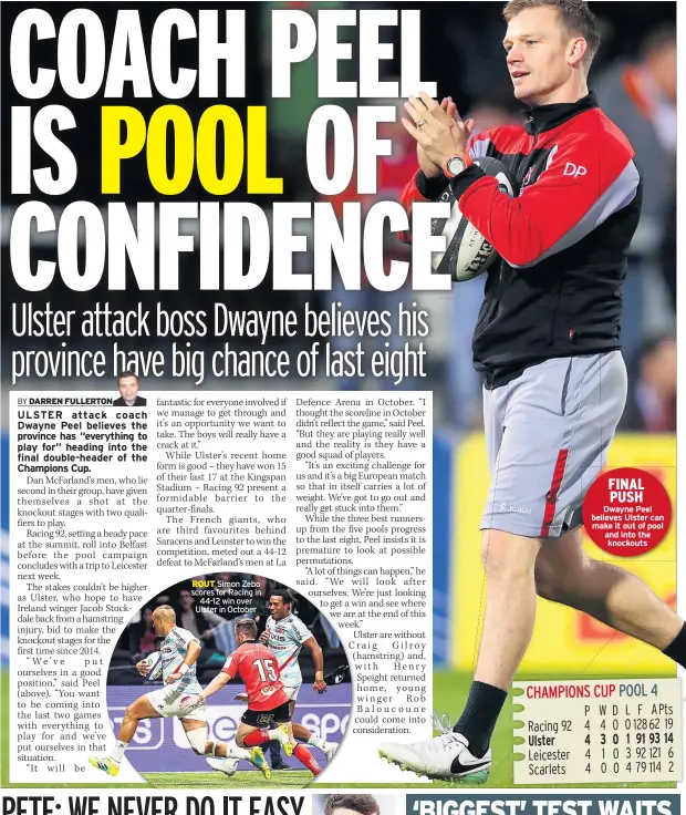  ??  ?? ROUT Simon Zebo scores for Racing in 44-12 win over Ulster in October FINAL PUSH Dwayne Peel believes Ulster can make it out of pool and into the knockouts Blacks by two points in Pool 1. No.8 Conan (inset) said: “They have threats all across the park, some fantastic ball players, some electric talent. It really is our biggest test in Europe to date.“Big players rise to these big occasions, people are excited about the week ahead.”