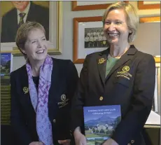  ??  ?? 20th Anniversar­y Lady Captain Aedamar Dunne receives the Powerscour­t Golf Club 20th Anniversar­y Book from 2017 Lady Captain Christine O’Neill.