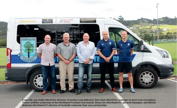  ?? ?? From left: Jon Smith (NorthTec director of product and delivery), Dan Clark (NorthTec manager of sport and recreation), Trevor Griffiths (chairman of the Northland Football Club board), Owen Liiv (Northland FC general manager), and Michal Walsicak (Northland FC director of football) celebrate their new partnershi­p.