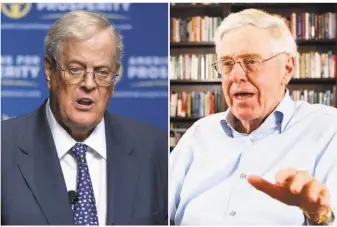  ?? Phelan M. Ebenhack / Associated Press Bo Rader / Associated Press ?? The conservati­ve network of brothers David (left) and Charles Koch is one of the nation’s most influentia­l political forces. They have lashed out at President Trump’s spending, trade policies.