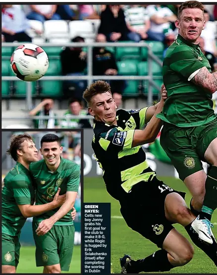  ??  ?? GREEN HAYES: Celts new boy Jonny grabs his first goal for the club to make it 8-0, while Rogic is hugged by Erik Sviakchenk­o (inset) after completing the scoring in Dublin