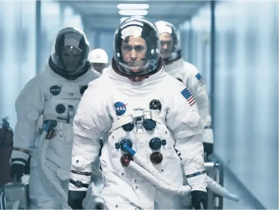  ??  ?? Lukas Haas as Michael Collins, Ryan Gosling as Neil Armstrong and Corey Stoll as Buzz Aldrin