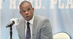  ??  ?? New North Carolina head coach Hubert Davis makes comments during a news conference in Chapel Hill, N.C., on April 6.