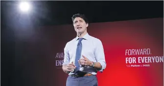  ?? NATHAN DENETTE, THE CANADIAN PRESS ?? Liberal Leader Justin Trudeau unveils his party’s election platform in Toronto on Wednesday.