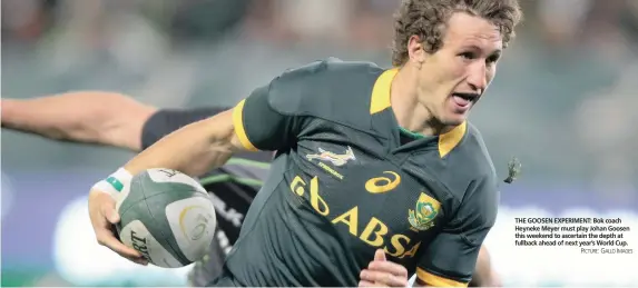  ?? PICTURE: GALLO IMAGES ?? THE GOOSEN EXPERIMENT: Bok coach Heyneke Meyer must play Johan Goosen this weekend to ascertain the depth at fullback ahead of next year’s World Cup.