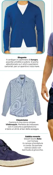  ??  ?? Elegante Il cardigan in cashmere di Kangra, assorbe umidità e sudore. Si porta abbottonat­o su t-shirt e pantaloni sartoriali, per un aperitivo vista mare. Classicism­o Camicia in lino micro stripes Vilebrequi­n. Perfetta da indossare con il costume a...