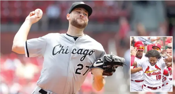  ??  ?? Sox starter Lucas Giolito was cruising until the sixth inning, when Cardinals pitcher Carlos Martinez ( inset) hit a 407- foot home run. JEFF ROBERSON/ AP, JEFF CURRY/ GETTY IMAGES ( INSET)