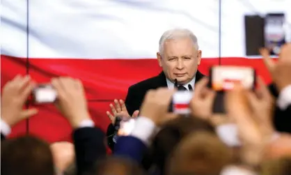  ?? Photograph: Kacper Pempel/Reuters ?? Poland’s ruling party Law and Justice (PiS) leader, Jarosław Kaczyński, gestures as he speaks after the exit poll results are announced in Warsaw, Poland, on 13 October.