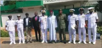  ?? ?? Rear Admiral Orederu with his team including Captain O Akinyede, General Manager Finance and Informatio­n Officer, Lieutenant Commander Priscilla Iyoriovbe when the Nigerian contingent paid a courtesy call to the Minister Economic/ Commercial Matters, Embassy of Nigeria in Benin Republic, Ambassador Saidu Tiggi with his Defence Attache and the Deputy Defence Attache