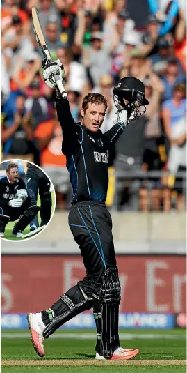  ?? GETTY IMAGES ?? Martin Guptill celebrates his double century against the West Indies in 2015; inset, he rues the agonising defeat in the 2019 World Cup final.