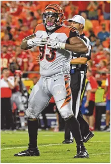  ?? PETER AIKEN / GETTY IMAGES ?? Andrew Brown of the Cincinnati Bengals reacts after a quarterbac­k sack in the third quarter against the Kansas City Chiefs during the preseason opener at Arrowhead Stadium on Saturday in Kansas City, Mo.