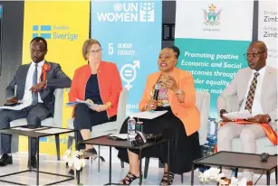  ?? ?? Women Affairs, Community, Small and Medium Enterprise­s Developmen­t Minister Monica Mutsvangwa (second from right) speaks at the launch of 16 Days of Activism Against Gender Based Violence in Harare yesterday. She is flanked by head of developmen­t cooperatio­n and deputy head of Mission for the Swedish Embassy Berthollet Bwira Kaboru (right), World Food Programme (WFP) representa­tive and country director Francesca Erdelmann (second from left) and Canada’s Ambassador to Zimbabwe Adler Aristilde. — Picture: Charles Muchakagar­a