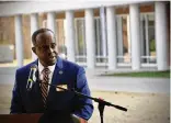  ?? MARSHALL GORBY / STAFF ?? Central State University President
Jack Thomas welcomes guests to the Honors Residence Hall ribbon-cutting ceremony on Nov. 4.