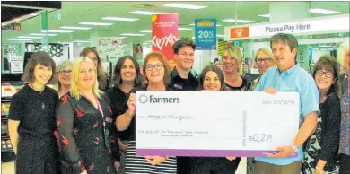  ?? PICTURE / SUPPLIED ?? At the cheque presentati­on are (from left) Mirella Villis (Farmers), Lyn Mudgway (Nurse Hospice Whanganui), Emma Carson (F), Amber Hunter (F), Anna McClintock-Trass (Nurse HW), Fiona Hannah (F), Sam Austin (F), Yana Pohorila (F), Trude Fixter (Store Manager F), Barb Cornor (CSM HW), Andrew Zimmerman (Board Chair HW), Paula Theron (F), Karen Anderson (CEO HW).