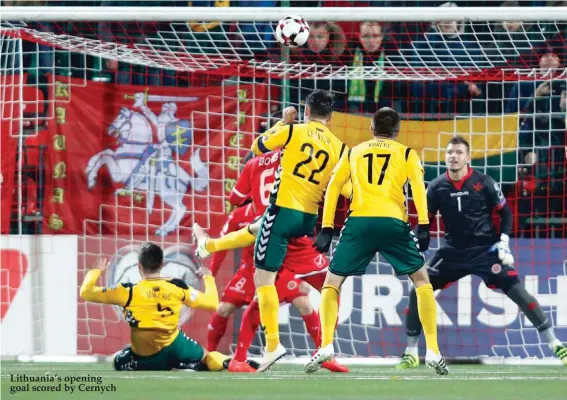  ??  ?? Lithuania’s opening goal scored by Cernych