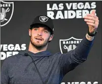  ?? DAVID BECKER / AP ?? Las Vegas Raiders quarterbac­k Derek Carr speaks during a press conference after practice Wednesday in Henderson, Nev.