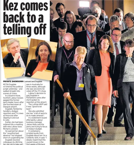  ??  ?? Leonard and Dugdale GAGGED Dugdale is flanked on either side as she returns to Parliament. Picture: Jeff J Mitchell