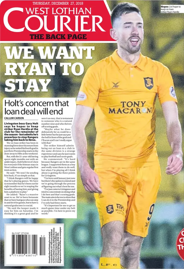  ??  ?? Hopes Livi hope to keep on loan striker Ryan Hardie