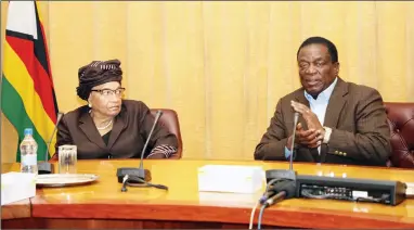  ??  ?? President Mnangagwa meets former Liberian President and co-head of the Internatio­nal Republican Institute-National Democratic Institute election observatio­n mission Ellen Johnson Sirleaf in Harare on Saturday. — (Picture by Justin Mutenda)