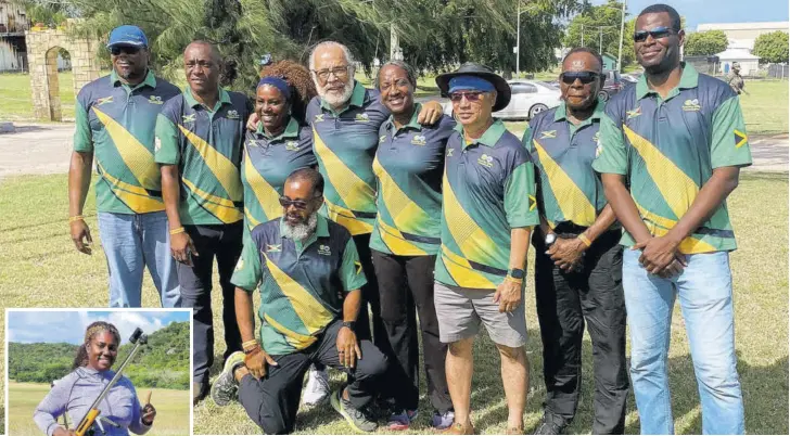  ?? ?? Team Jamaica at the recently held Full Bore Shooting Championsh­ip in Antigua & Barbuda. Pictured (from left) are Dr Derek Mitchell, Philip Scott (captain), Nicola Guy, Major John Nelson, Karen Anderson, Denis Lee, Canute Coley, Captain Dwayne Ford, and team manager George Sutton (kneeling).